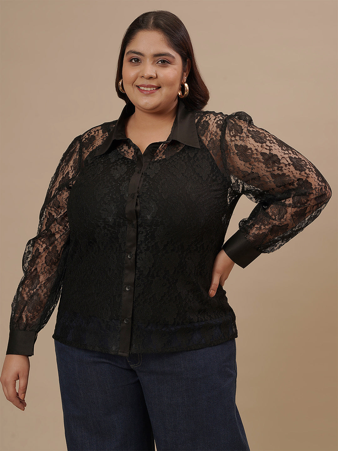 Women’s Plus Size Collared Black Lace Party Shirt Black L
