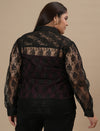 Plus-size woman in back view wearing Plus Size Black Lace Shirt With Purple Camisole featuring see-through lace and relaxed fit