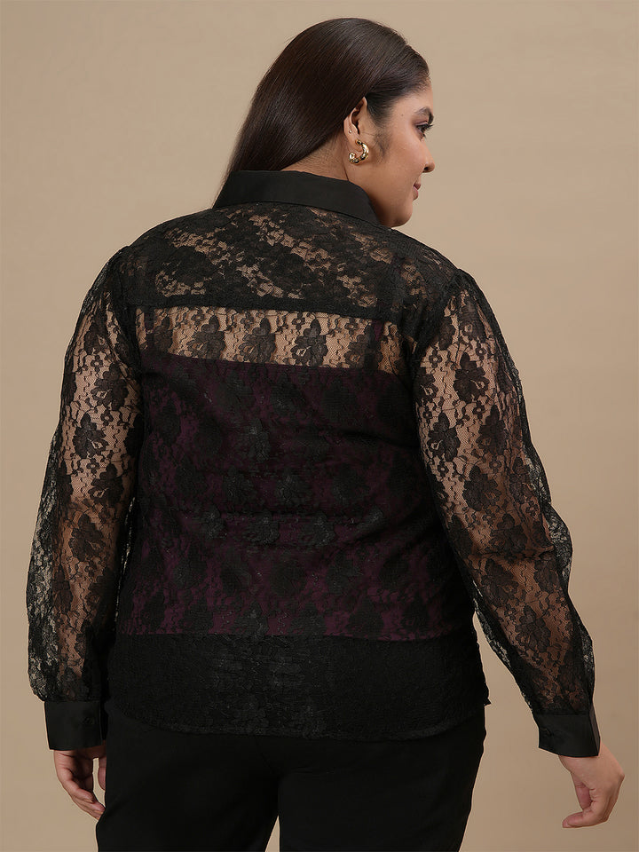 Plus-size woman in back view wearing Plus Size Black Lace Shirt With Purple Camisole featuring see-through lace and relaxed fit