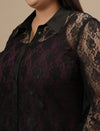 Close-up view of Plus Size Black Lace Shirt With Purple Camisole showing intricate lace detailing and fabric texture