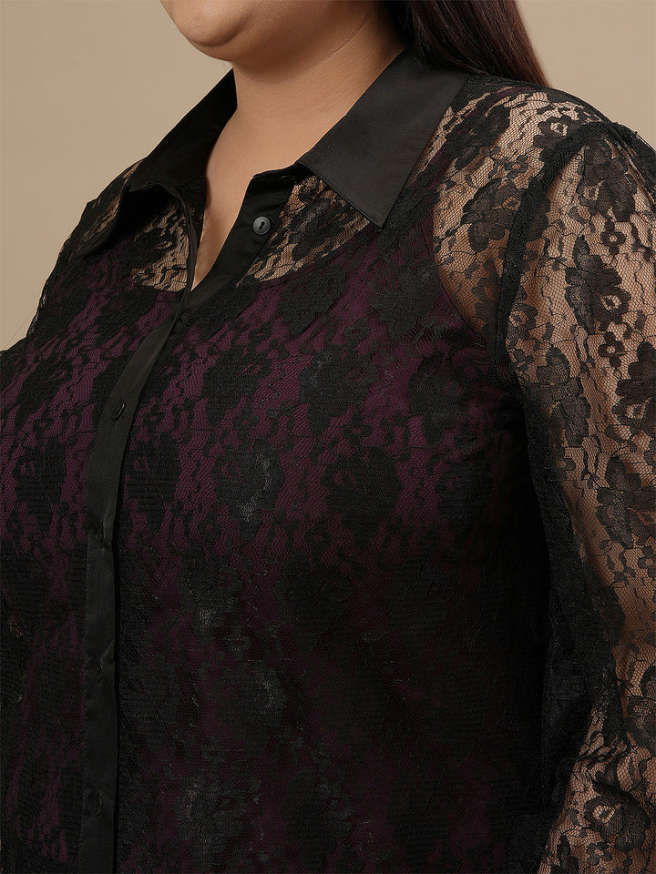Close-up view of Plus Size Black Lace Shirt With Purple Camisole showing intricate lace detailing and fabric texture
