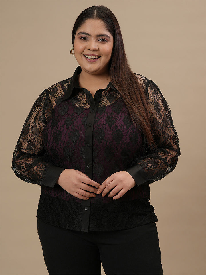 Plus-size woman in front view wearing Plus Size Black Lace Shirt With Purple Camisole styled with buttoned-up lace shirt