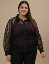 Plus-size woman in front view wearing Plus Size Black Lace Shirt With Purple Camisole featuring sheer lace overlay and full sleeves