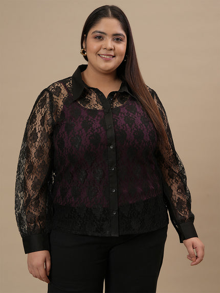Plus Size Black Lace Shirt With Purple Camisole
