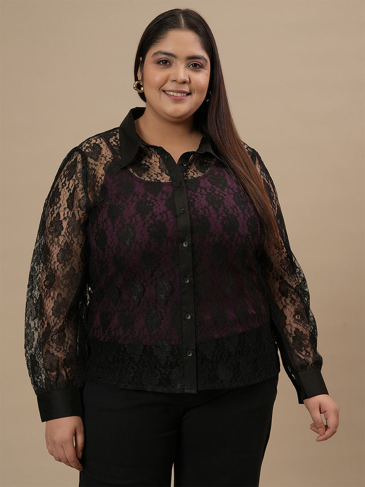 Plus-size woman in front view wearing Plus Size Black Lace Shirt With Purple Camisole featuring sheer lace overlay and full sleeves
