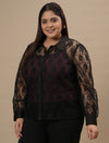 Plus-size woman in left side view wearing Plus Size Black Lace Shirt With Purple Camisole featuring floral lace pattern