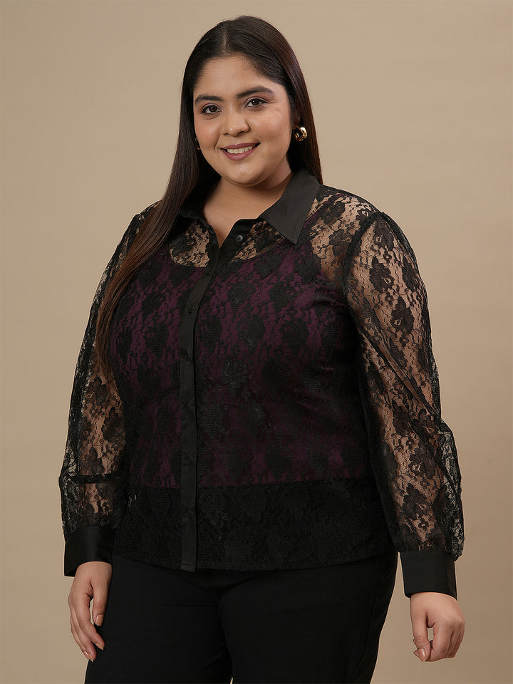 Plus-size woman in left side view wearing Plus Size Black Lace Shirt With Purple Camisole featuring floral lace pattern