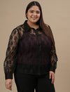 Plus-size woman in right side view wearing Plus Size Black Lace Shirt With Purple Camisole featuring sheer lace design