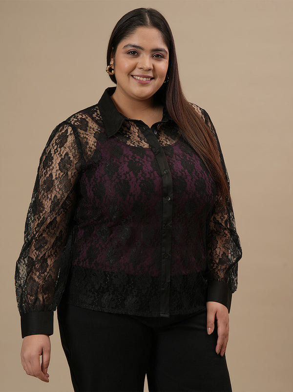 Plus Size Black Lace Shirt With Purple Camisole