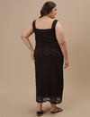 Plus-size woman in back view wearing Plus Size Black Party Dress with smooth finish and straight hemline
