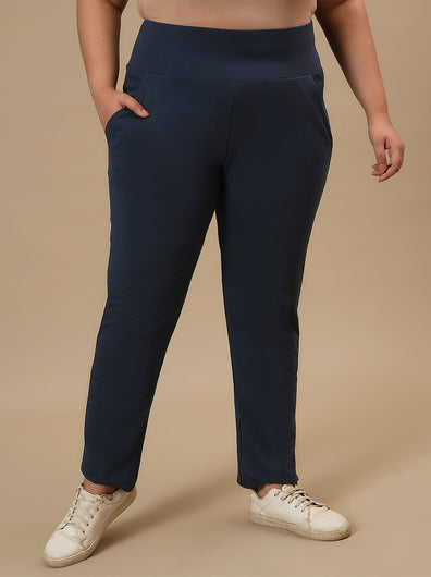 Plus-size woman in front styled pose wearing Plus Size Blue Casual Pants with relaxed silhouette and versatile design
