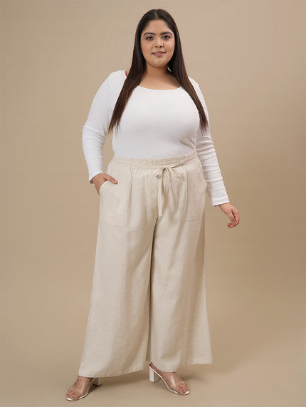 Plus Size Linen Palazzo Pants- Beige