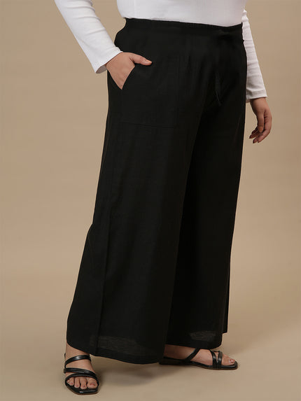 Plus Size Linen Palazzo Pants- Black