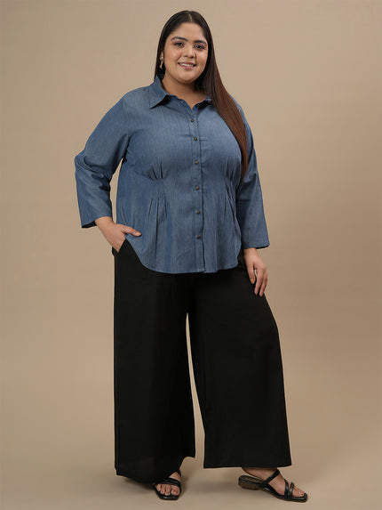 Plus Size Linen Palazzo Pants- Black Black L - Main Image