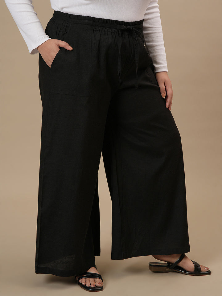 Plus Size Linen Palazzo Pants- Black