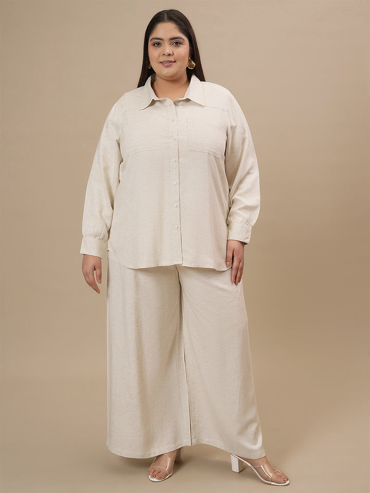 Plus Size Linen Shirt With Pants Coord Set