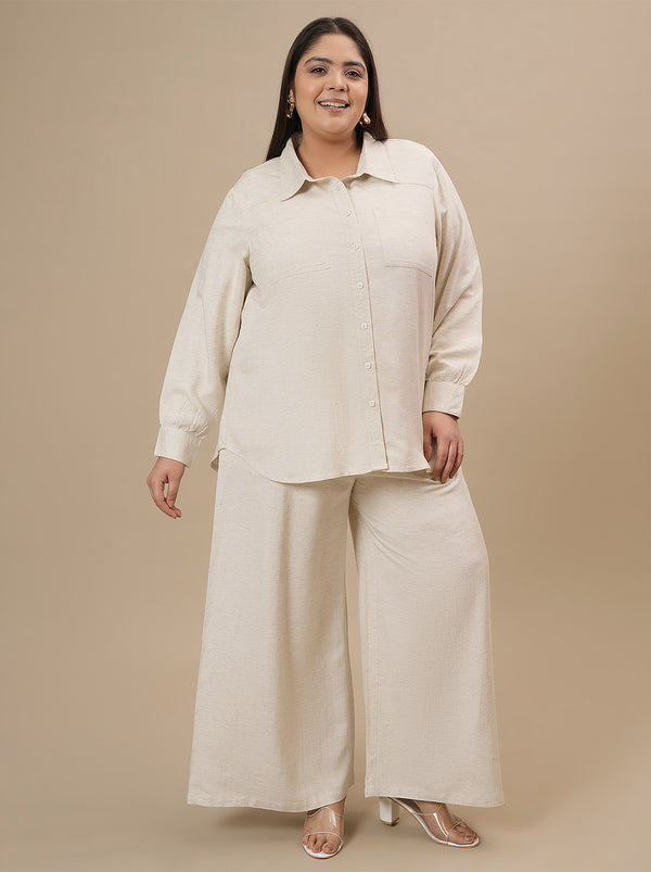 Plus Size Linen Shirt With Pants Coord Set