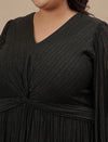 Close-up view of Plus Size Long Black Dress highlighting V-neck and ruched waistline
