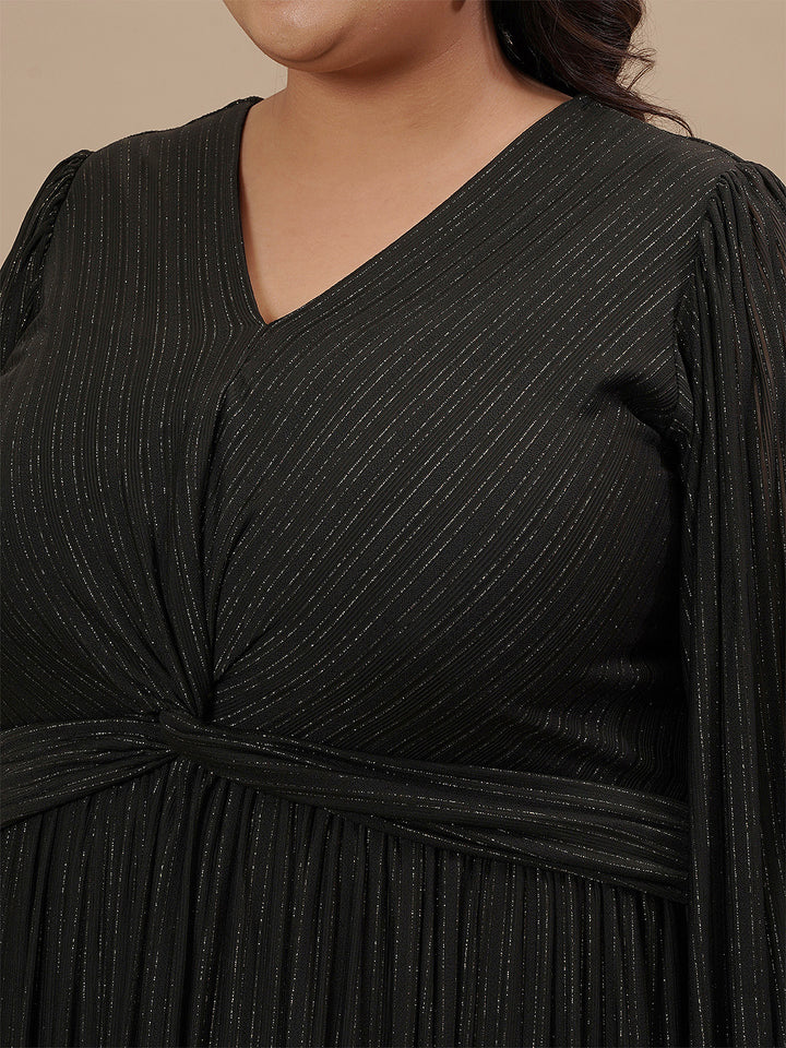 Close-up view of Plus Size Long Black Dress highlighting V-neck and ruched waistline