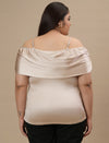 Plus-size woman in back view wearing Plus Size Off Shoulder Top with straight hem and gathered back