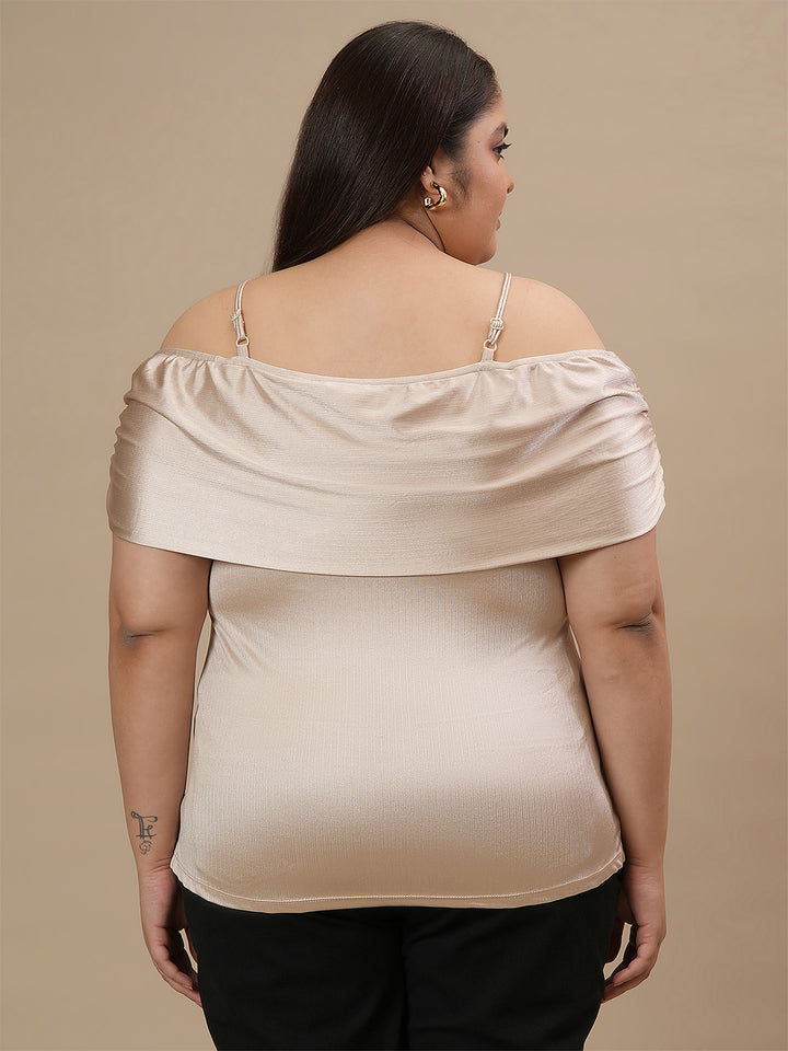 Plus-size woman in back view wearing Plus Size Off Shoulder Top with straight hem and gathered back