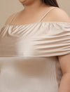 Close-up view of Plus Size Off Shoulder Top showing neckline gathering and soft fabric texture