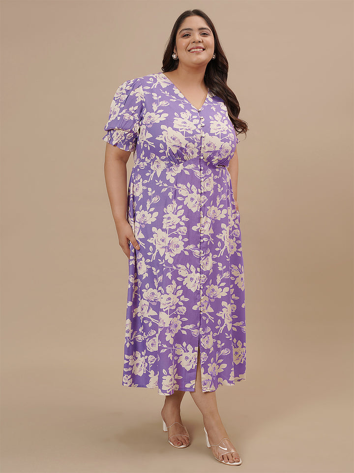 Plus-size woman smiling in front angled view wearing Plus Size Puff Sleeve Dress with gathered detail and puff sleeves