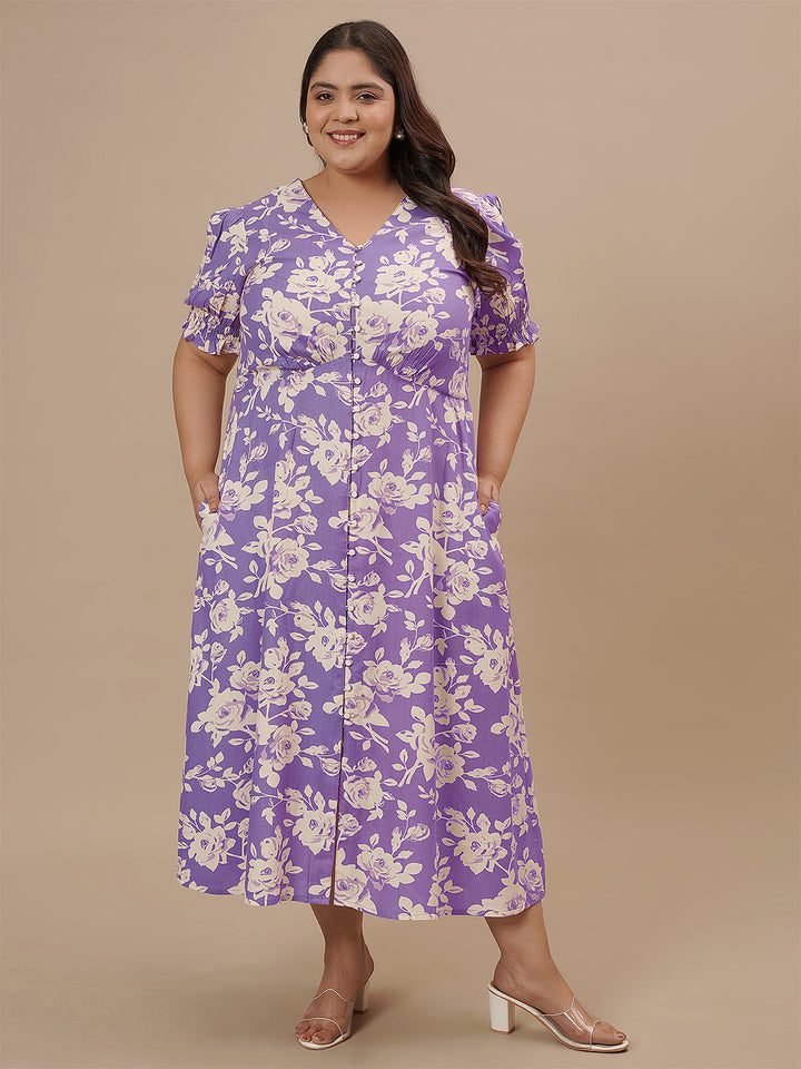 Plus-size woman with hands in pockets wearing Plus Size Puff Sleeve Dress with relaxed fit and flared hem