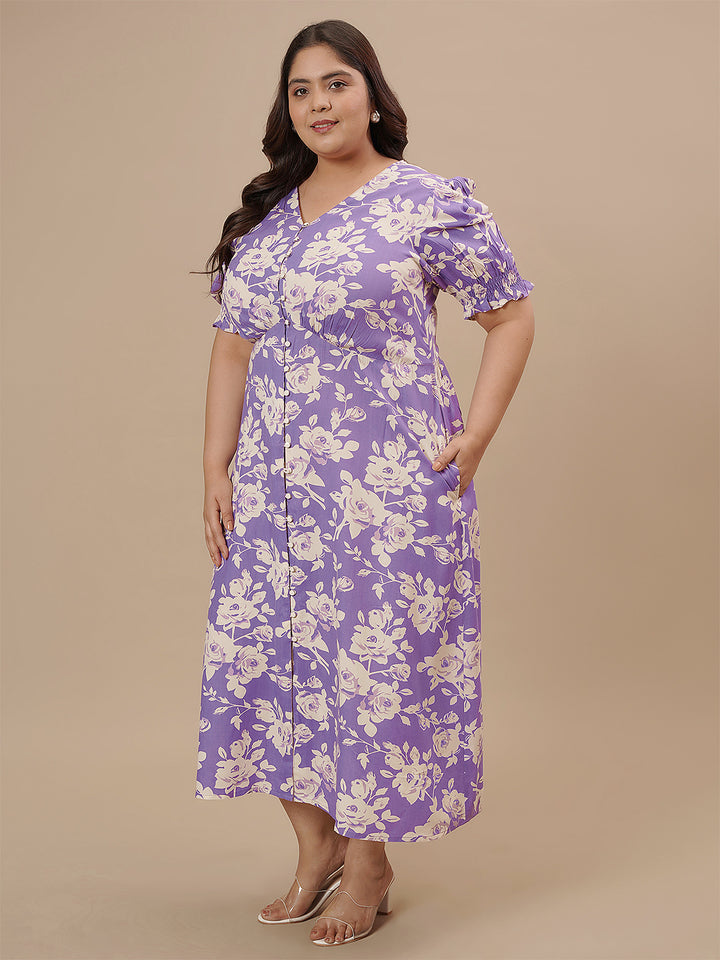 Plus-size woman in front view wearing Plus Size Puff Sleeve Dress featuring square neck and gathered waist
