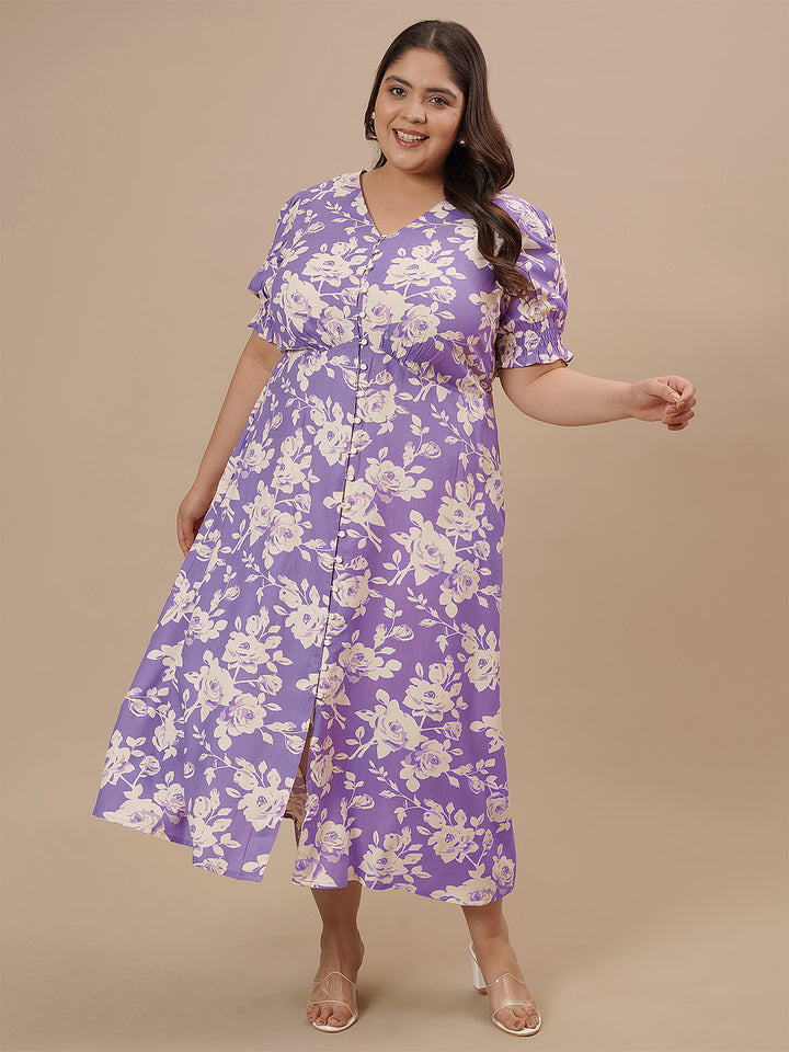 Plus-size woman twirling in Plus Size Puff Sleeve Dress with flared skirt and statement sleeves