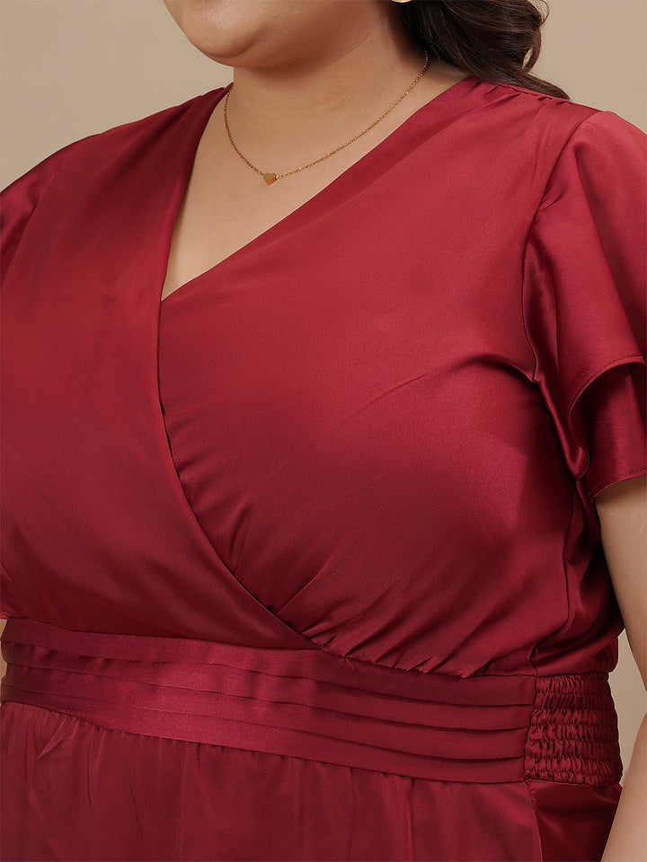 Close-up view of Plus Size Red Satin Gown showing satin texture and neckline detail