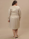 Plus-size woman in back view wearing Plus Size Satin Evening Dress with open back and long flowing silhouette