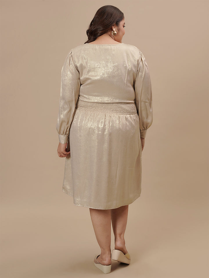 Plus-size woman in back view wearing Plus Size Satin Evening Dress with open back and long flowing silhouette