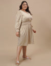 Plus-size woman in front right angle view wearing Plus Size Satin Evening Dress with draped front and luxe sheen