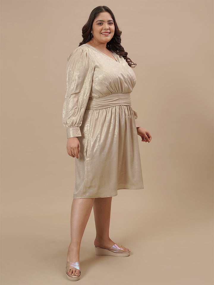 Plus-size woman in front right angle view wearing Plus Size Satin Evening Dress with draped front and luxe sheen