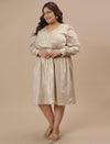 Plus-size woman in left side view wearing Plus Size Satin Evening Dress featuring side slit and flowing fabric