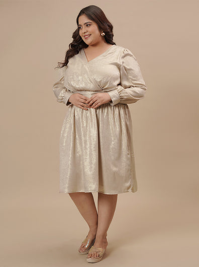 Plus-size woman in left side view wearing Plus Size Satin Evening Dress featuring side slit and flowing fabric