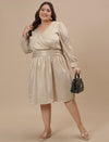 Plus-size woman in styled view wearing Plus Size Satin Evening Dress with deep neckline and elegant satin finish
