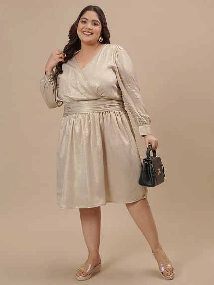 Women Plus Size Satin Evening Dress, Knee-Length, Surplice V-Neck, Long Balloon Sleeves, Fit-And-Flare Silhouette With Pockets, 3XL- Wobbly Walk Women Plus Size Satin Evening Dress, Knee-Length, Surplice V-Neck, Long Balloon Sleeves, Fit-And-Flare Silhouette With Pockets, 3XL- Wobbly Walk
