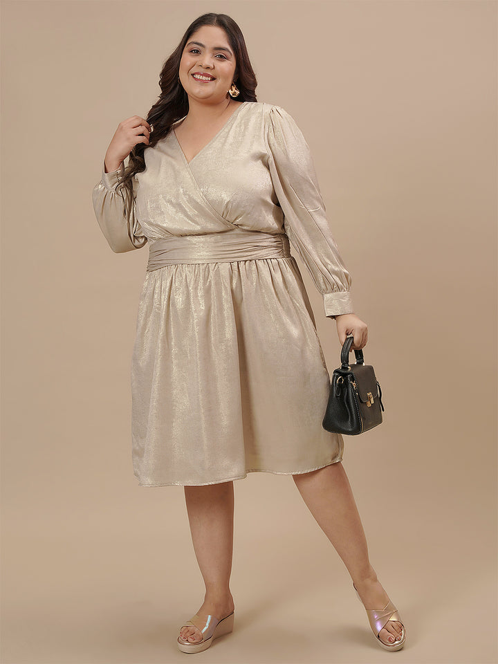 Plus-size woman in styled view wearing Plus Size Satin Evening Dress with deep neckline and elegant satin finish