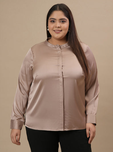 Plus-size woman in front view wearing Plus Size Satin Shirt Top featuring a collared neckline and button-down front