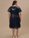 Plus-size woman in back view wearing Plus Size Sequin Blue Dress with zip closure and sequin detail