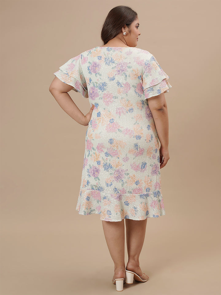 Plus-size woman in back view wearing Plus Size Sequin Sheath Dress with fitted shape and sequin detailing