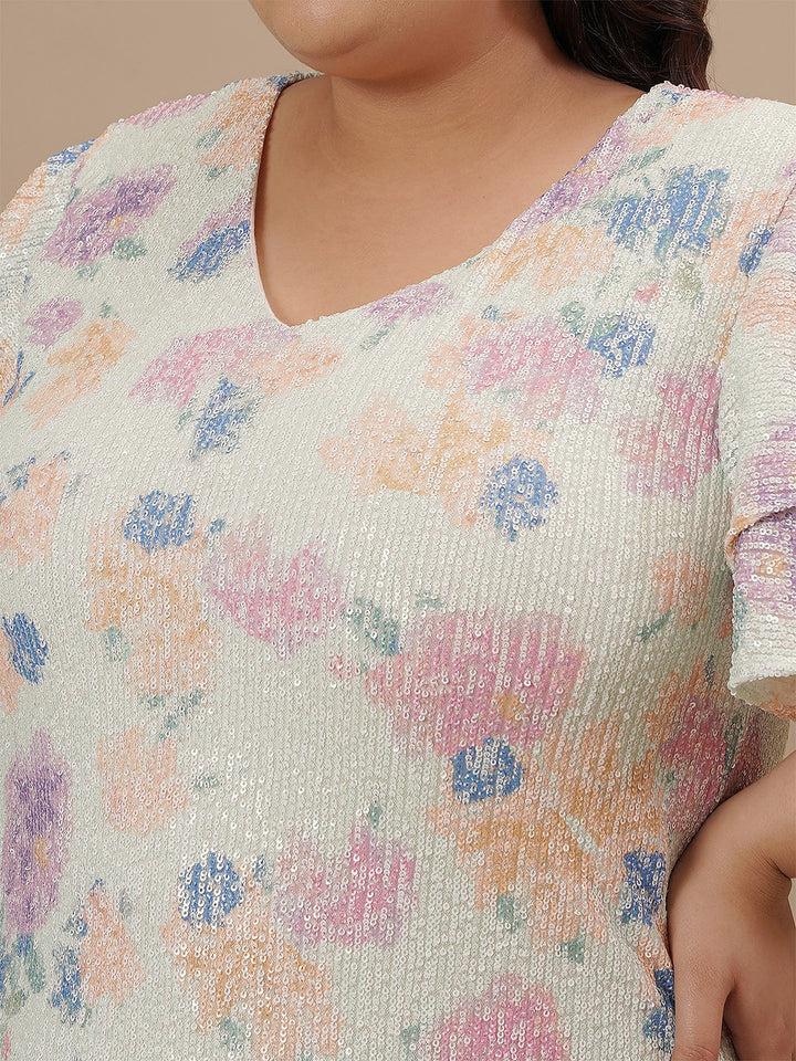 Close-up view of Plus Size Sequin Sheath Dress showing detailed sequin work and round neckline