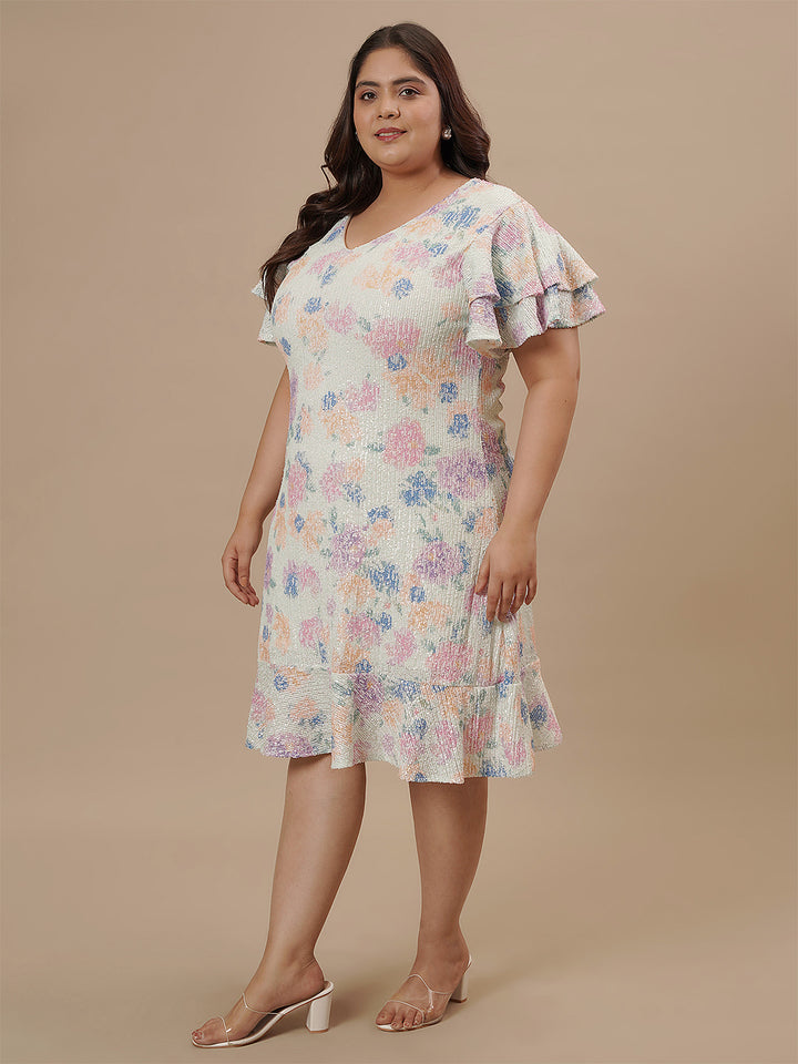 Plus-size woman in front left angle view wearing Plus Size Sequin Sheath Dress with sleeveless cut and sleek fit