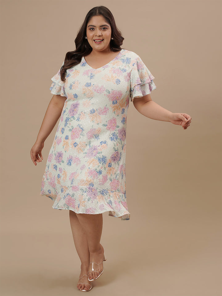 Plus-size woman walking in front view wearing Plus Size Sequin Sheath Dress featuring sparkle and body-skimming fit