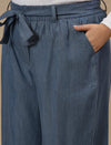 Close-up view of Plus Size Wide Leg Jeans in blue showing waistband and denim texture