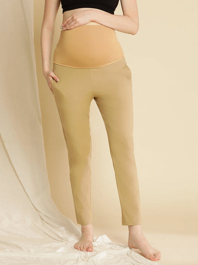 Maternity Cotton Formal Dress Pants- Beige