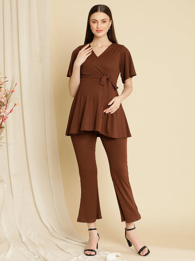 Maternity Ribbed Knit Co-ord Set- Brown