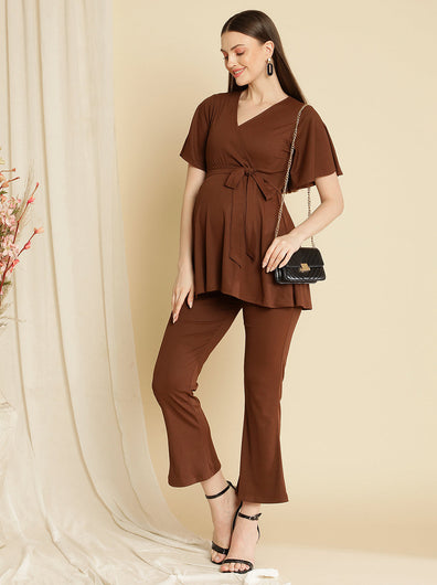 Maternity Ribbed Knit Co-ord Set- Brown